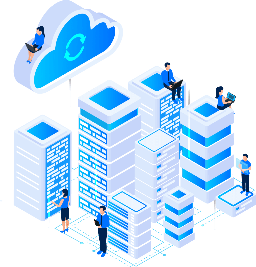  Cloud and server hosting with people managing data systems